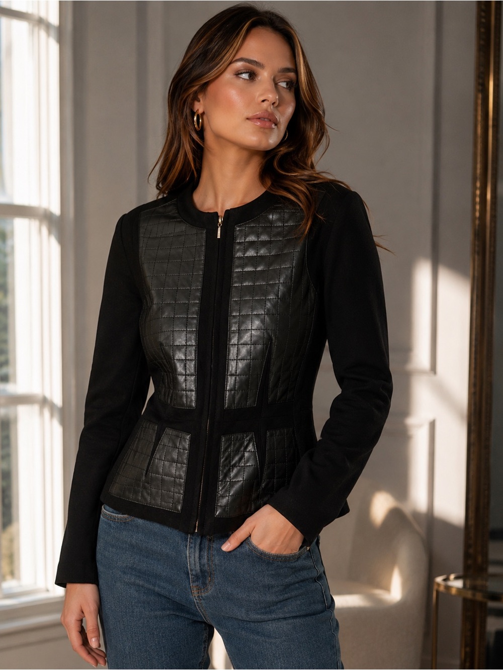 Rebecca Taylor black quilted lamb leather panel jacket size 6